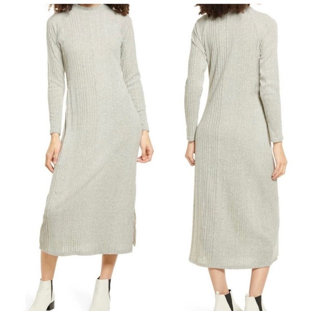 NORDSTROM ALL IN FAVOR Heather Grey Rib Knit Sweater Slit Maxi Midi Dress L